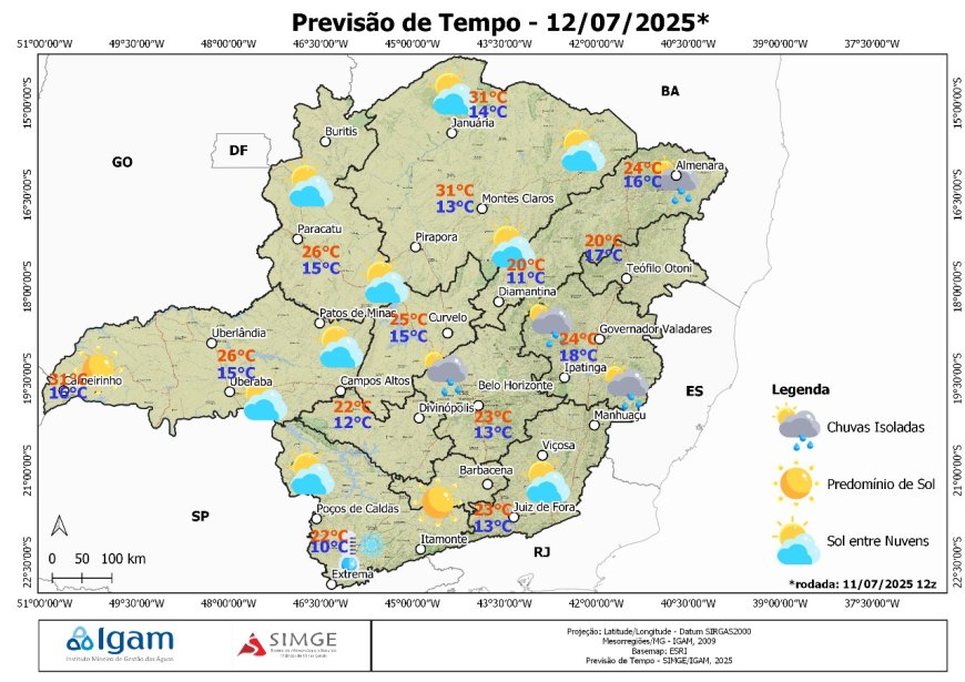 Previsão do tempo em Minas Gerais para sábado (12/07): variação de nuvens, chuviscos no Leste e mínimas abaixo de 5°C na Mantiqueira