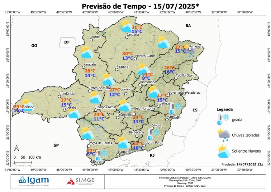 Terça-feira, 15 de julho de 2025 - Previsão de Tempo para MINAS GERAIS