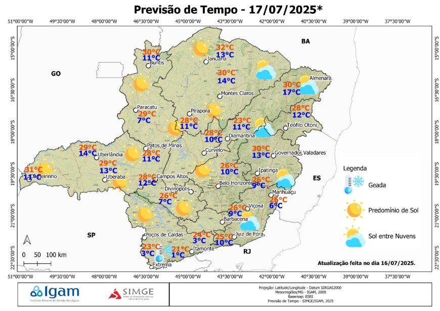 Previsão do Tempo em Minas Gerais: Frio no Sul, calor no Norte e baixa umidade nesta quinta-feira (17/07)