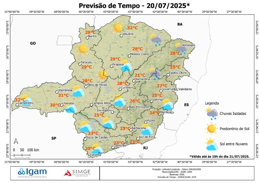 Previsão do Tempo em Minas Gerais: Domingo com sol, ar seco e possibilidade de chuva fraca no nordeste