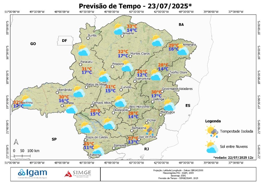 Previsão do tempo em Minas Gerais nesta quarta (23/07): risco de granizo no Sul; calor e baixa umidade no Norte
