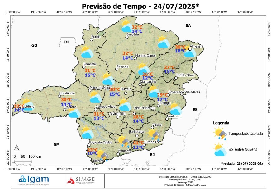 Previsão do tempo em Minas Gerais: instabilidade no Sudeste e calor com baixa umidade em outras regiões nesta quinta (23)