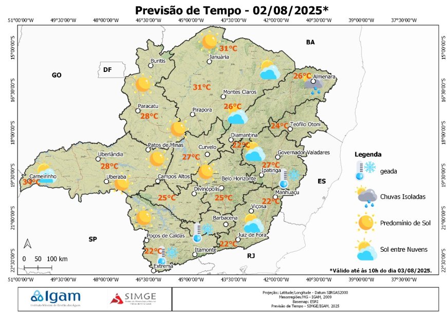 Previsão do tempo para Minas Gerais neste sábado (02/08): tempo seco predomina, com calor no norte e possibilidade de chuvisco no Jequitinhonha