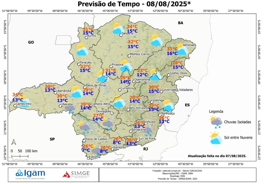 Sexta-feira, 8 de agosto de 2025 - Previsão de Tempo MINAS GERAIS
