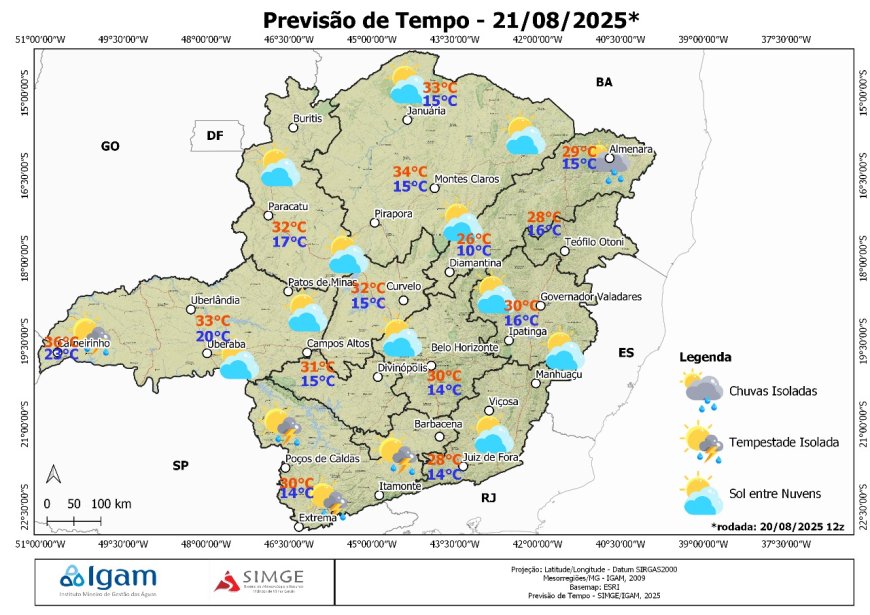 Quinta (20/08/2025): frente fria atinge MC-SP e chega ao Sul de Minas Gerais com instabilidade e calor no Triângulo Mineiro