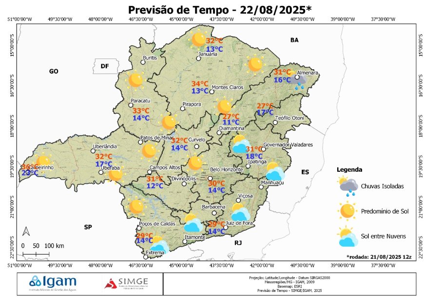 Previsão sexta (22/08/2025): tempo seco, sol e calor acima de 30 °C em Minas Gerais