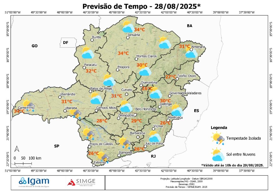 Previsão de quinta (28/08/2025): tempestades isoladas, pancadas de granizo e tempo quente em Minas Gerais