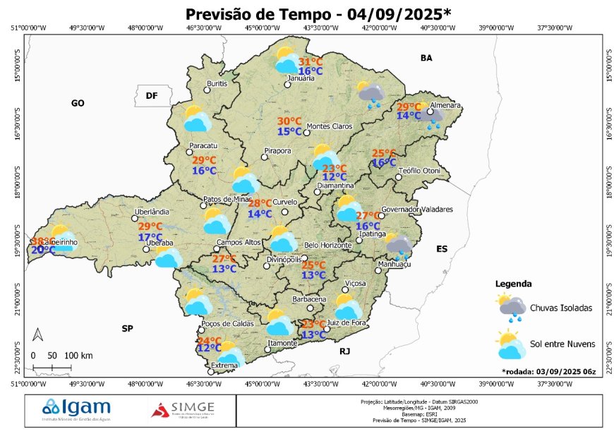 Previsão do tempo em Minas Gerais: chuvas no nordeste e calor de até 33°C no Triângulo