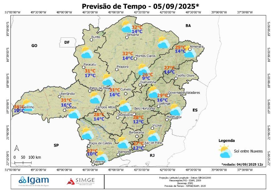 Previsão do tempo em Minas Gerais para sexta-feira, 5 de setembro de 2025: sol e temperaturas em elevação