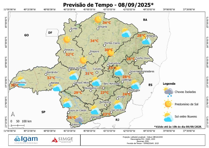 Previsão do tempo em Minas Gerais: calor de até 36°C, ar seco e chance de chuva no Sudeste nesta segunda-feira (9)