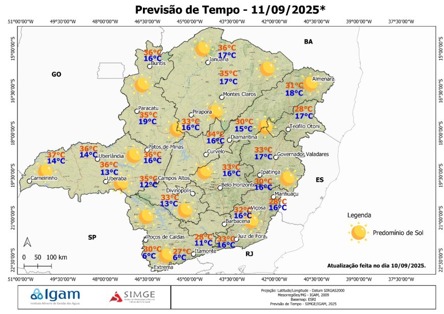 Previsão para quinta-feira (11/09/2025) em Minas Gerais: calor intenso e baixa umidade até 15% à tarde