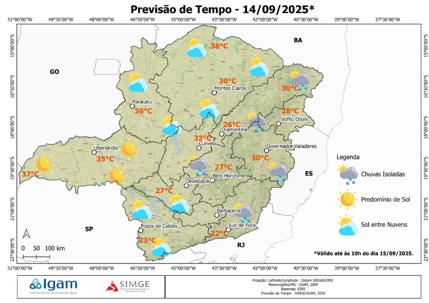Previsão do tempo em Minas Gerais neste domingo (14/09): calor de até 38 °C e chuva isolada em BH