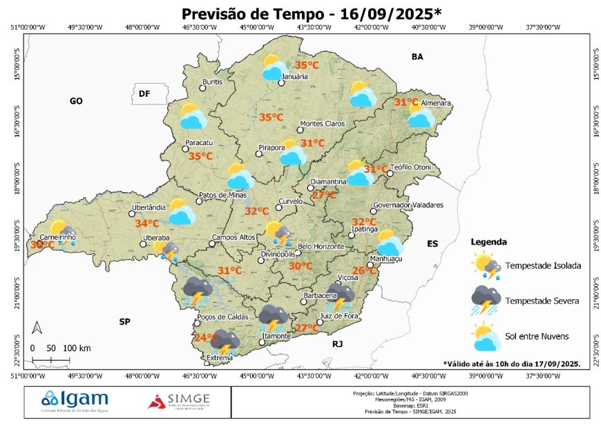 Tempestades, granizo e calor intenso: previsão do tempo para Minas Gerais nesta terça-feira, 16 de setembro de 2025