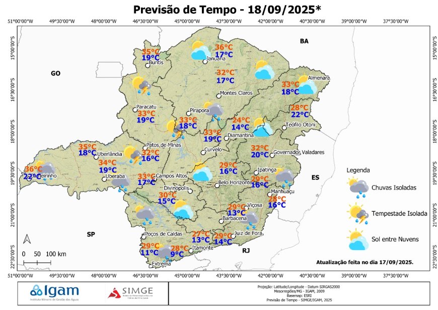 Previsão do tempo em Minas Gerais – Quinta (18/09): calor intenso, umidade baixa e chance de tempestades