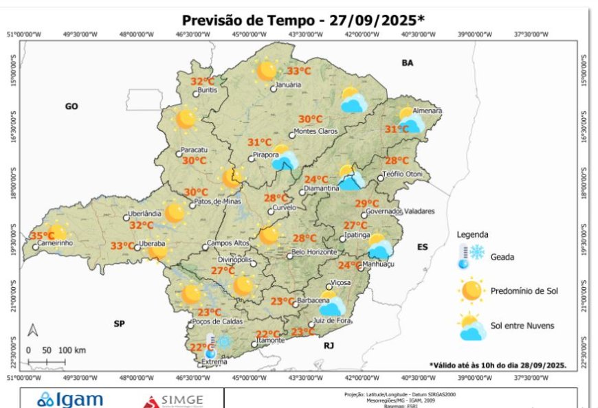 Previsão Tempo Sábado (27/09/2025) em Minas Gerais