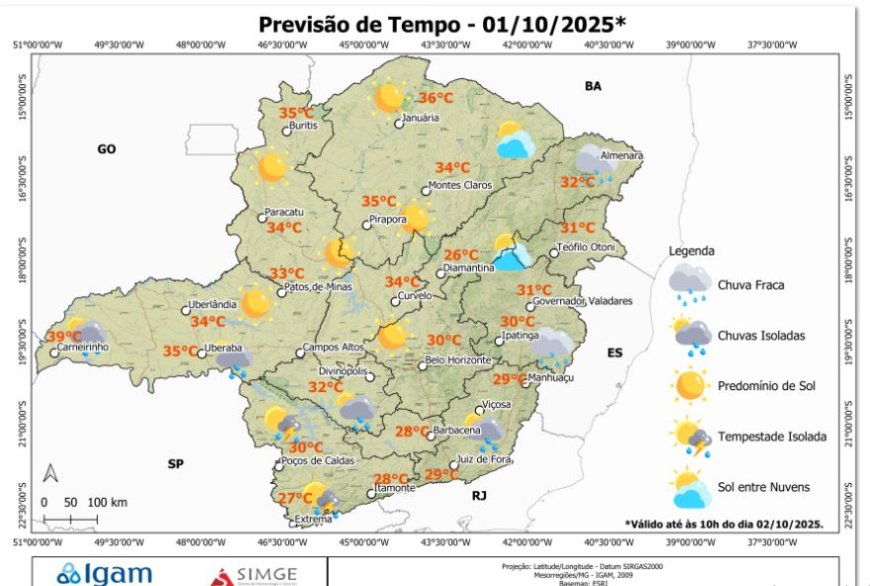 Calor persistente em Minas Gerais: tempo firme e seco nesta quarta