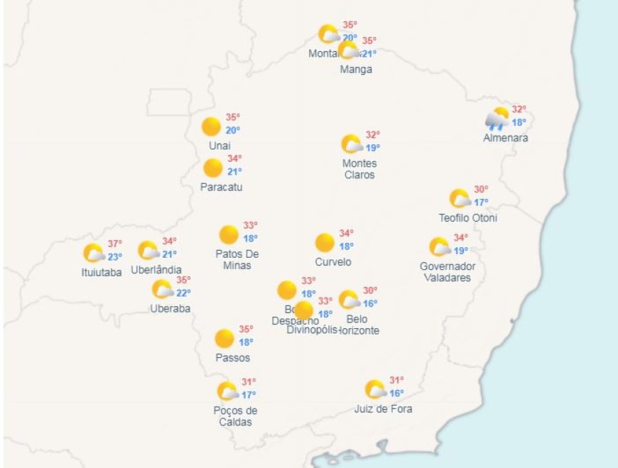 Previsão  Minas gerais e Sudeste: céu claro, chuvas isoladas e calor