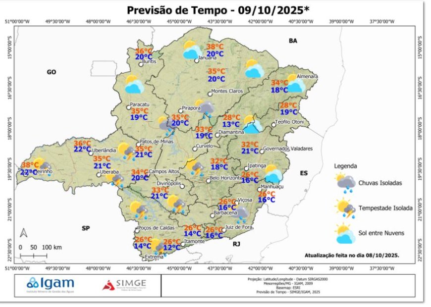 Quinta em Minas Gerais: calor intenso e possibilidade de chuvas (9/out/2025)