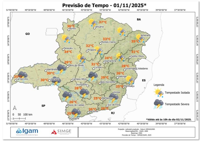 Alerta de tempestades em Minas Gerais neste sábado: vento, granizo e chuva intensa