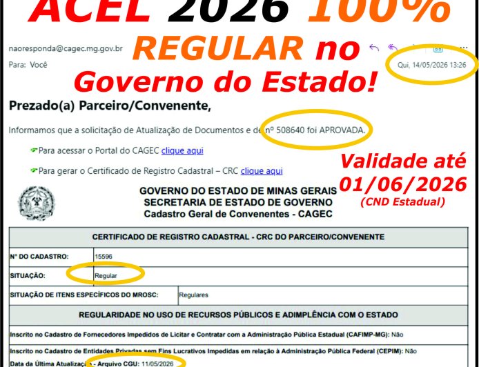 ACEL Lavapés, MAIO 2026, está aprovada no CAGEC de Minas Gerais