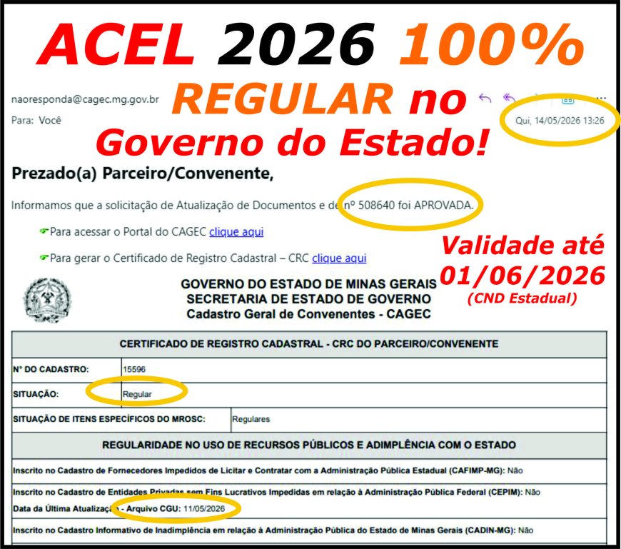 ACEL Lavapés, MAIO 2026, está aprovada no CAGEC de Minas Gerais